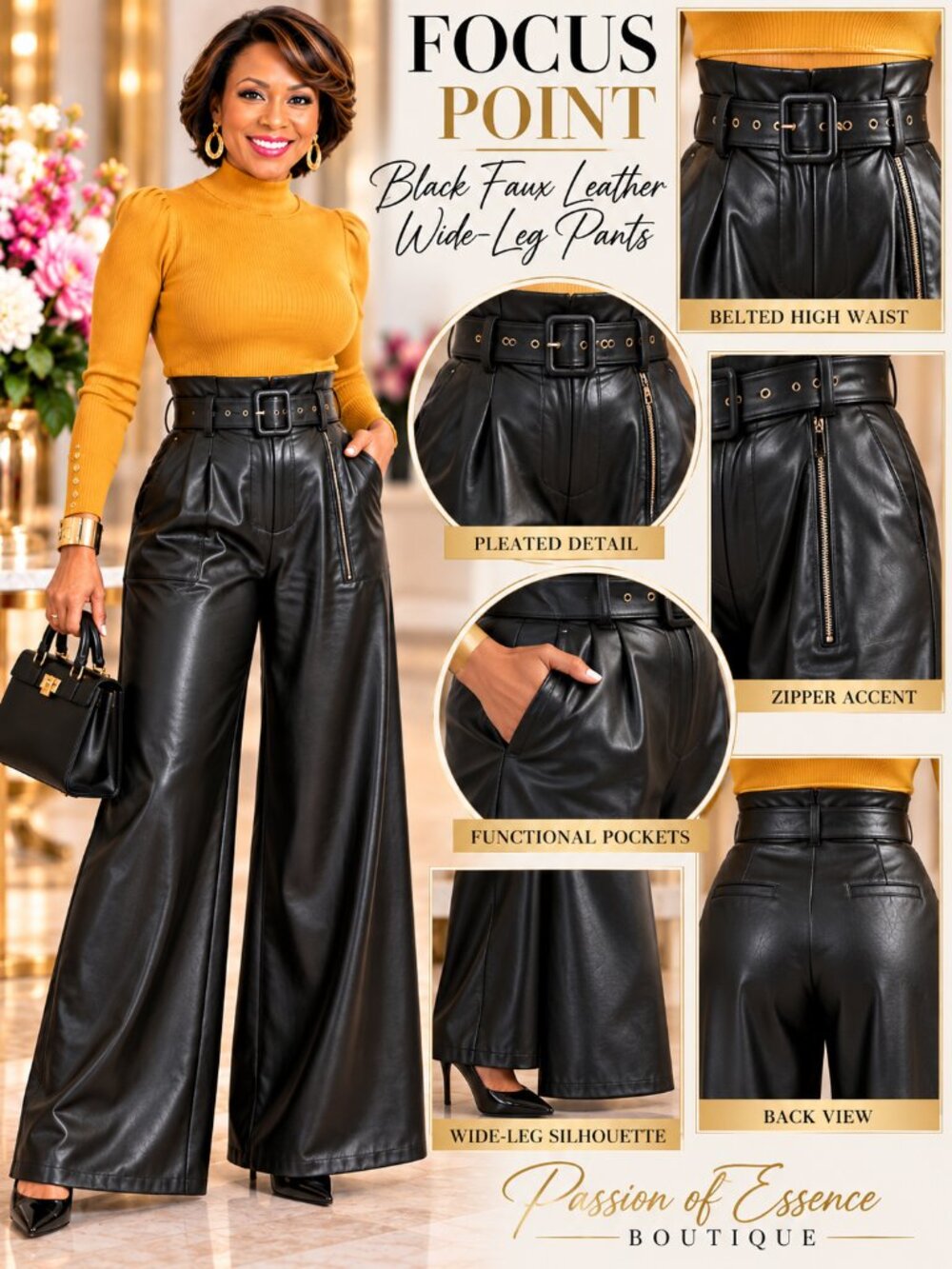 Black High-Waist Faux Leather Wide-Leg Pleated Pants - Picture 4 of 8